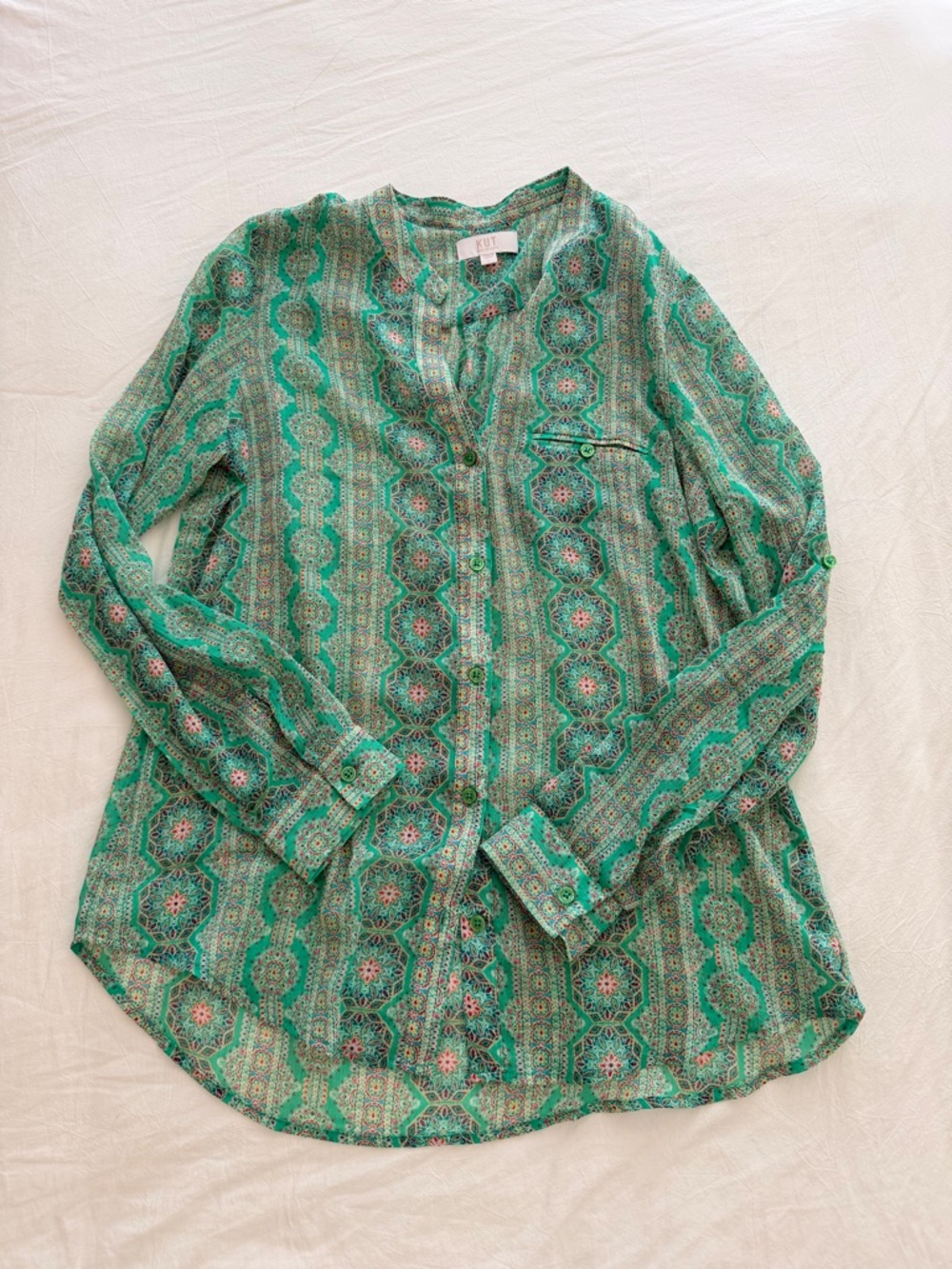 Green Patterned Long-Sleeve Women's Button Front Top